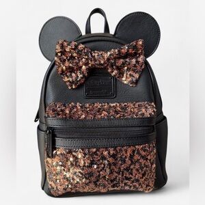 Disney Parks Loungefly Mouse Ears, Bronze And Black Sequined Bow Pocket Backpack